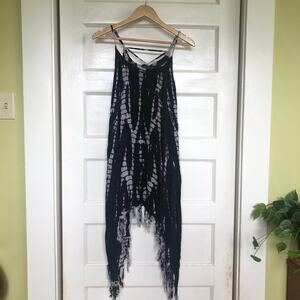 Riviera Sun Tie-Dye Fringe Swimsuit Cover-Up Dress L Boho Black Gray Sheer